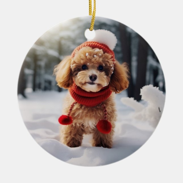 Toy Poodle Dog Christmas Keepsake Ceramic Tree Decoration (Front)