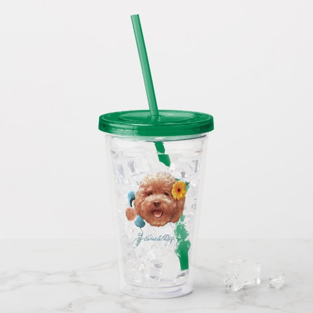 Toy Poodle with Flower and Phone Illustration Acrylic Tumbler (Front Ice)