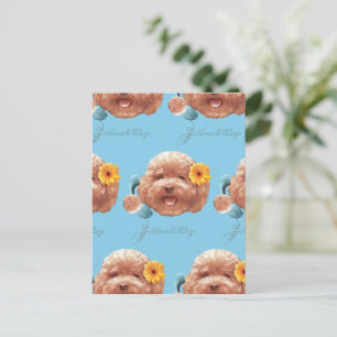 Toy Poodle with Flower and Phone Illustration Announcement Postcard