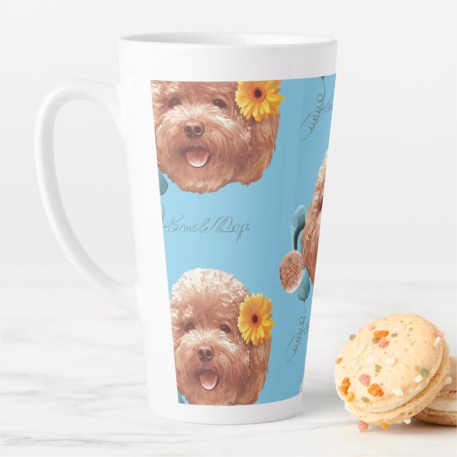 Toy Poodle with Flower and Phone Illustration Latte Mug (In Situ)