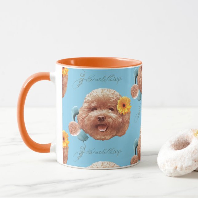 Toy Poodle with Flower and Phone Illustration Mug (With Donut)
