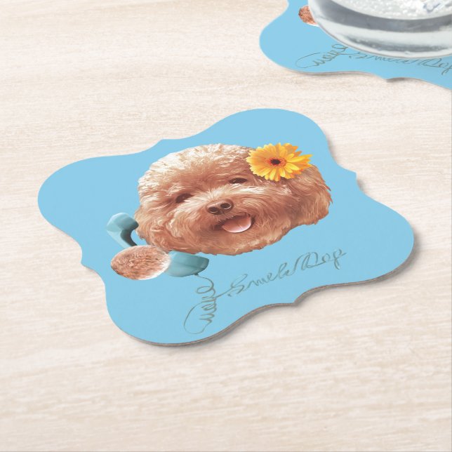 Toy Poodle with Flower and Phone Illustration Paper Coaster (Angled)