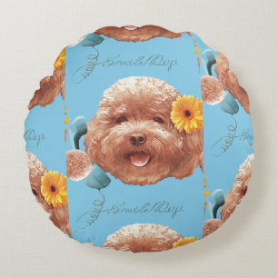 Toy Poodle with Flower and Phone Illustration Round Cushion