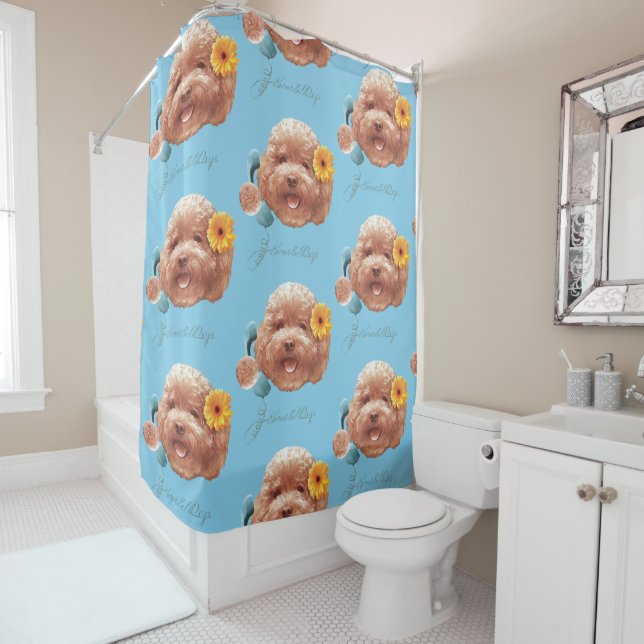 Toy Poodle with Flower and Phone Illustration Shower Curtain (In Situ)