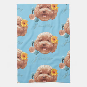 Toy Poodle with Flower and Phone Illustration Tea Towel