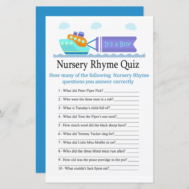 Toy Ship Nursery Rhyme Quiz baby shower game (Front/Back)