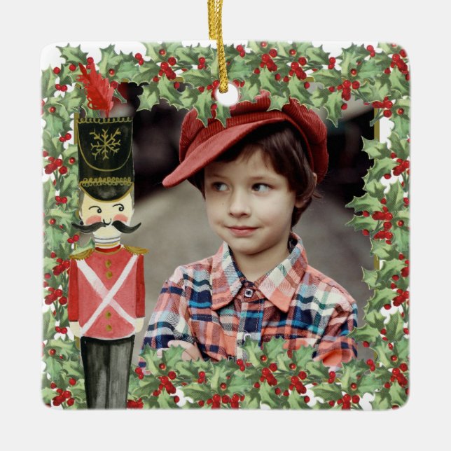 Toy Soldier Holly Christmas Holiday Kid Photo Name Ceramic Ornament (Front)