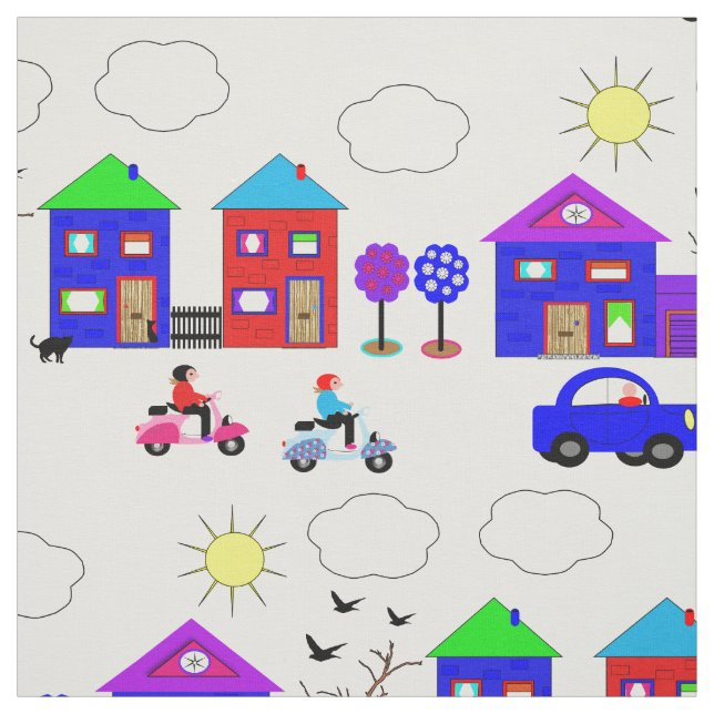 Toy Town Colourful Houses Fun Whimsy Patterned Fabric (Swatch)
