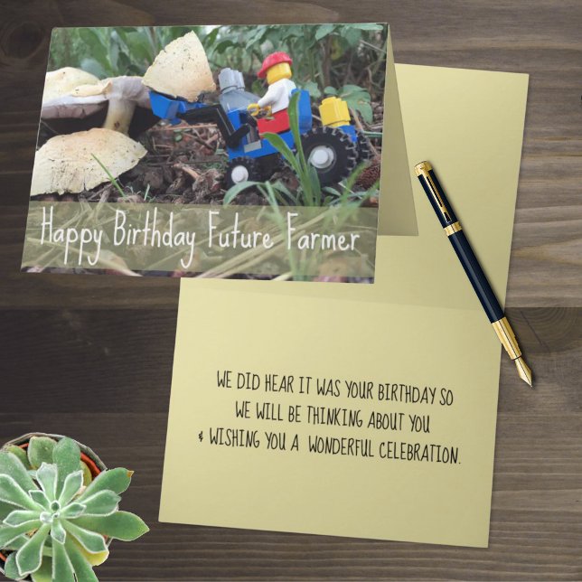 Toy Tractor & Driver Moving Mushrooms Card (Toy tractor and mushroom folding card template text cover and inside.)