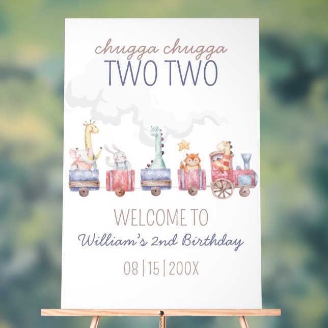 Toy Train All Aboard Birthday invite, Zoo Animals Acrylic Sign (Neutral)