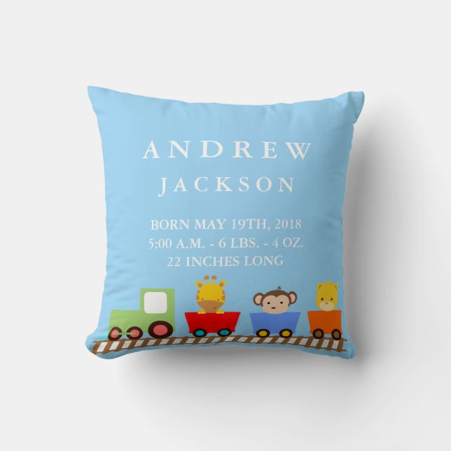 Toy Train Baby Birth Announcement Pillow (Front)