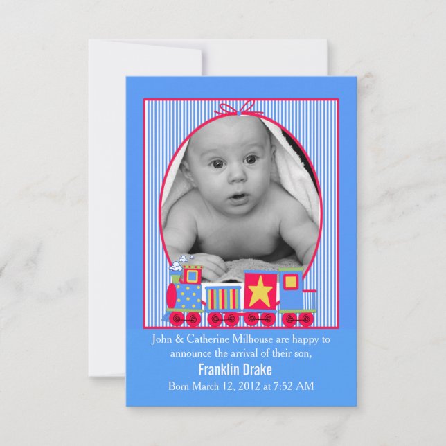 Toy Train Baby Boys Birth Announcement Photo Card (Front)