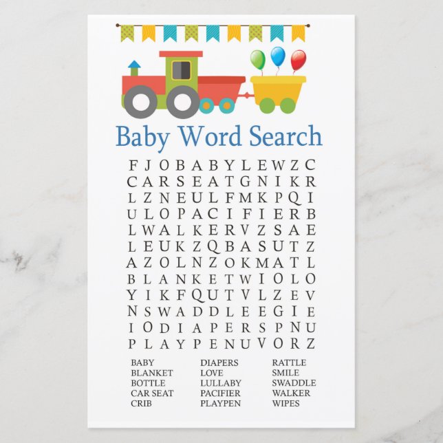 Toy train Baby Shower Word Search Game (Front)