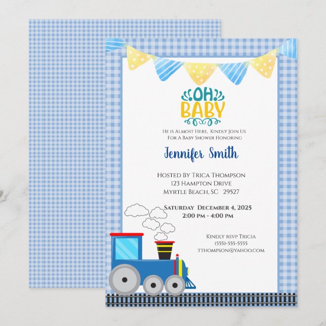 Toy Train Boys Blue Baby Shower Invitation (Front/Back)