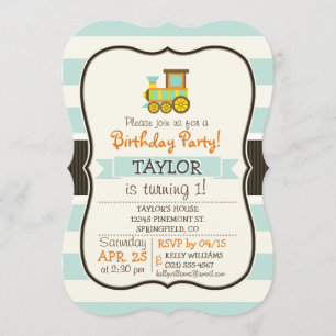 Toy Train; Brown, Orange, Yellow, Teal, Blue Invitation