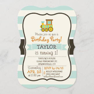 Toy Train; Brown, Orange, Yellow, Teal, Blue Invitation