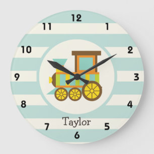 Toy Train; Brown, Orange, Yellow, Teal, Blue Large Clock