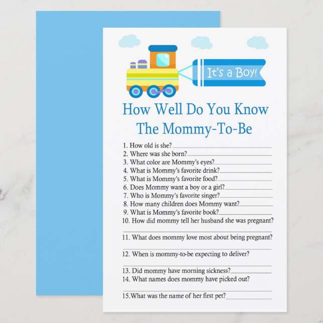 Toy Train How well do you know baby shower game (Front/Back)