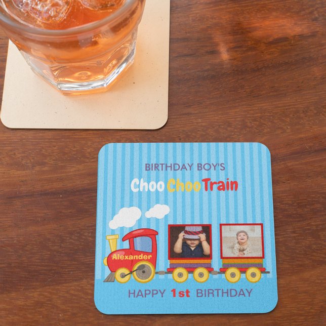 Toy Train Toddler Boy Birthday Blue Square Paper Coaster (Creator Uploaded)