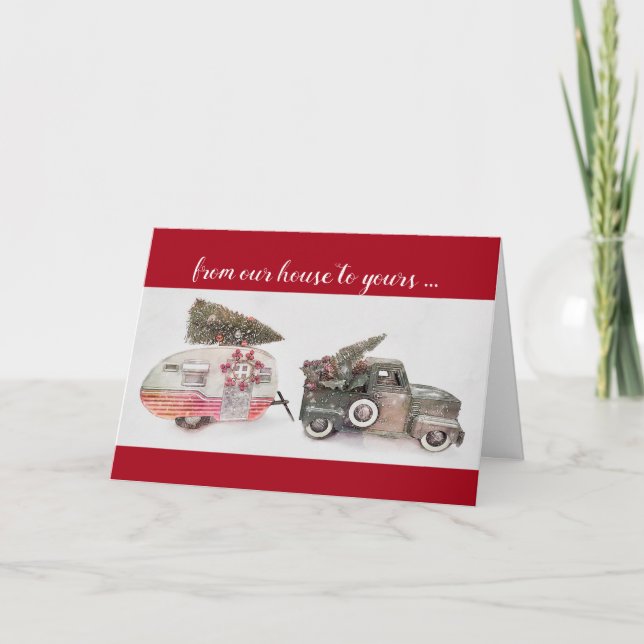 toy truck and travel trailer Christmas holiday red Card (Front)