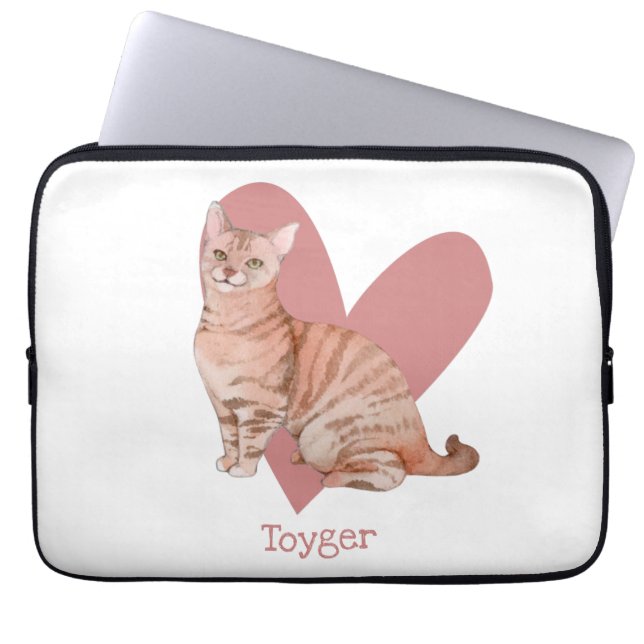 Toyger Cat Watercolor Kitty Pink Heart Laptop Sleeve (Front)