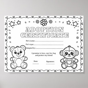 Toys adopt a pet colouring certificate poster