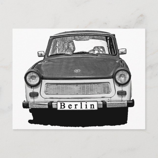 Trabant Car Front, Black and White,  Berlin Postcard (Front)