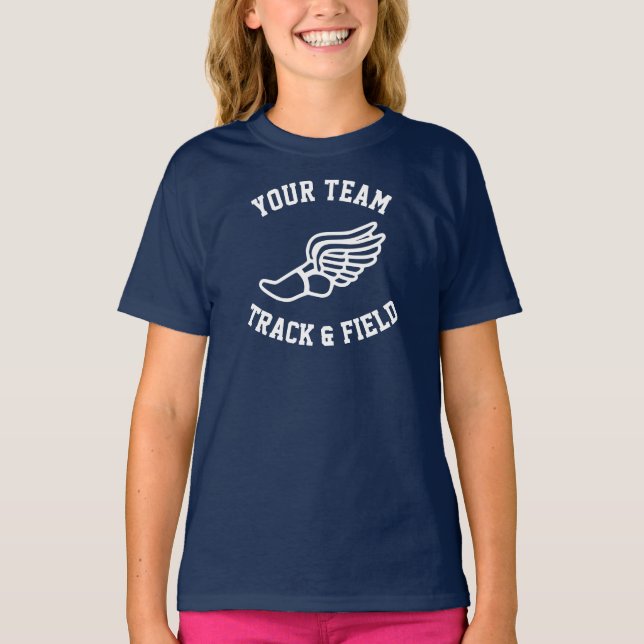 Track and Field Custom Team Name Girls Dark Sports T-Shirt (Front)