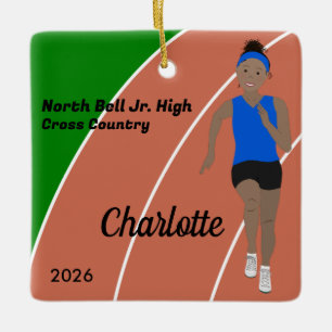 Track and Field Girl Black Hair in Blue Ceramic Ornament