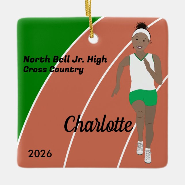 Track and Field Girl Black Hair in Green and White Ceramic Ornament (Front)