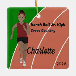 Track and Field Girl Black Hair in Maroon Ceramic Ornament