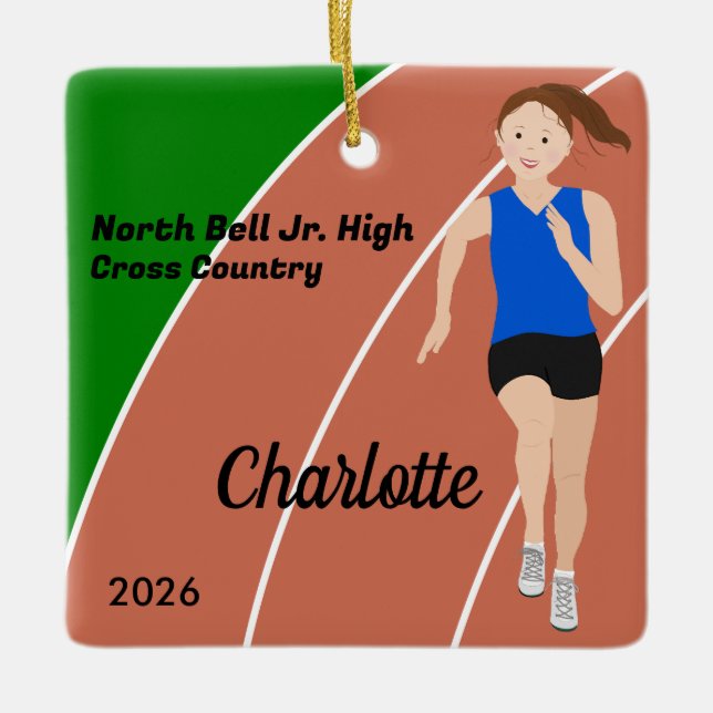 Track and Field Girl Brown Hair Blue Black Ceramic Ornament (Front)
