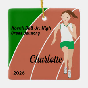 Track and Field Girl Brown Hair in Green and White Ceramic Ornament