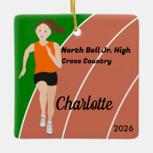 Track and Field Girl Brown Hair in Orange Black Ceramic Ornament