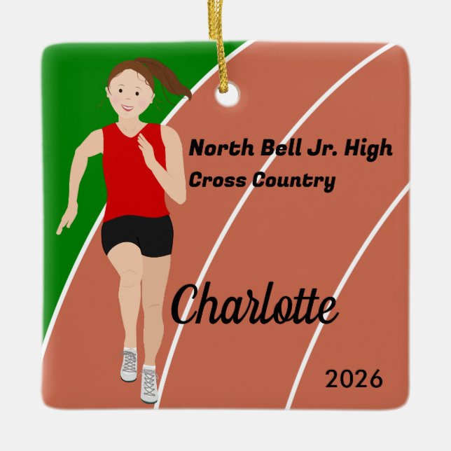 Track and Field Girl Brown Hair in Red Black Ceramic Ornament (Front)