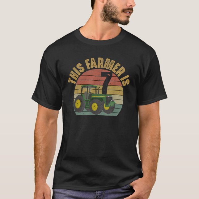 Tractor 7th Birthday 7 Year Old Farmer Farm Theme  T-Shirt (Front)
