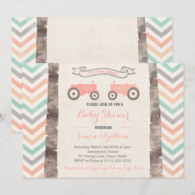 Tractor Aqua Coral Grey Girl Baby Shower Invitation (Front/Back)