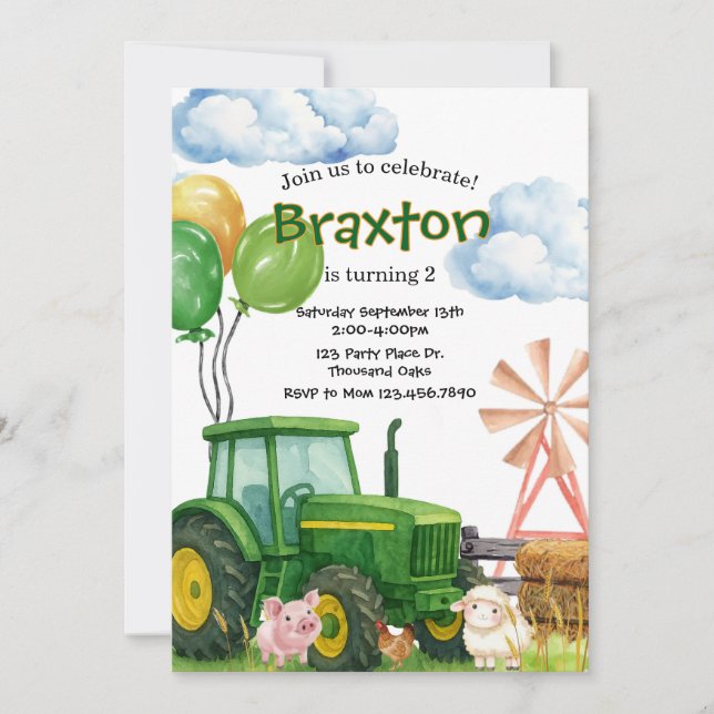 Tractor Birthday, Green Tractor Farm birthday Invitation (Front)