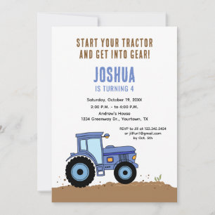 Tractor Birthday Invitation blue tractor
