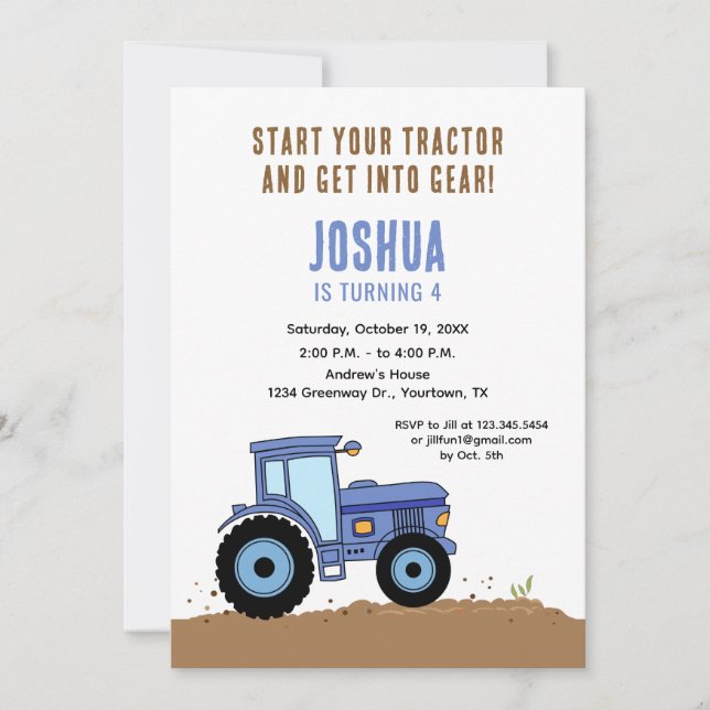 Tractor Birthday Invitation blue tractor (Front)