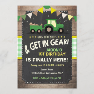 Tractor birthday invitation Farm party Boy Green