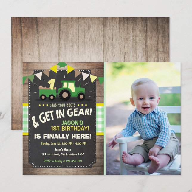 Tractor birthday invitation Farm party Boy Green (Front/Back)