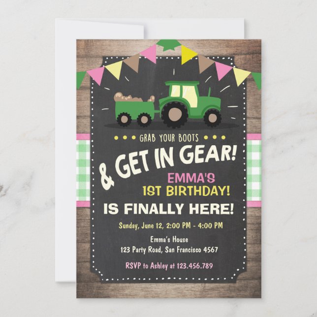 Tractor birthday invitation Farm party Girl Pink (Front)