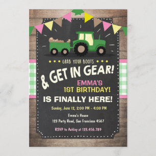 Tractor birthday invitation Farm party Girl Pink
