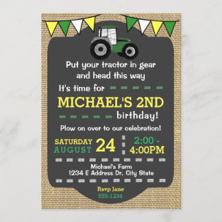 Tractor Birthday Invite, Green & Yellow Tractor Invitation