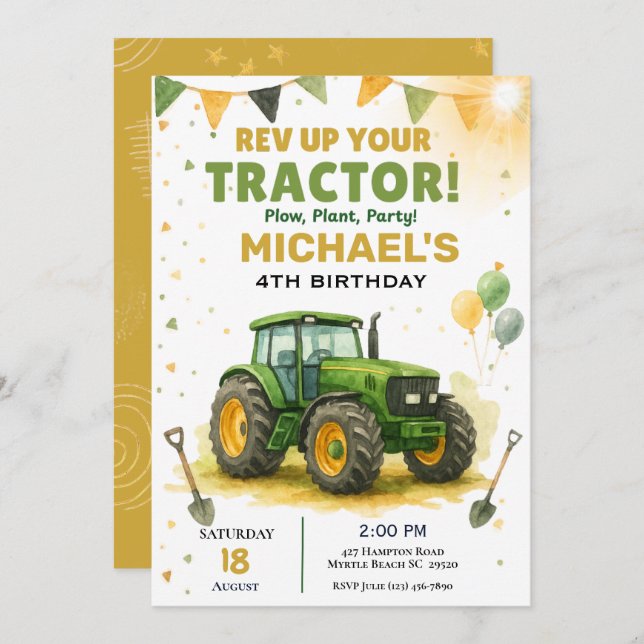   Tractor Birthday Party Invitation   (Front/Back)