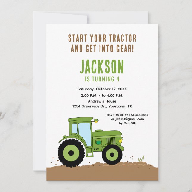Tractor Birthday Party Invitation in Green (Front)