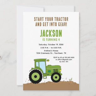Tractor Birthday Party Invitation in Green