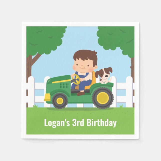 Tractor Boy and Puppy Farm Birthday Party Supplies Napkin (Front)