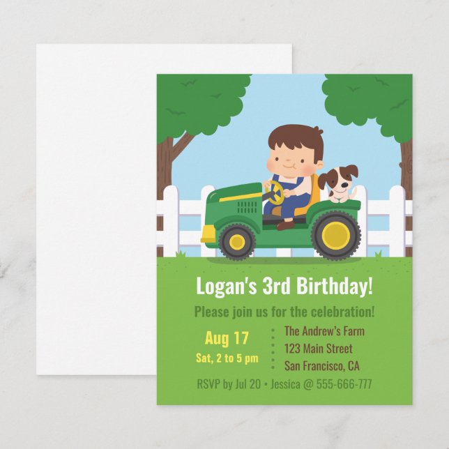 Tractor Boy and Puppy Farm Kids Birthday Party Invitation (Front/Back)